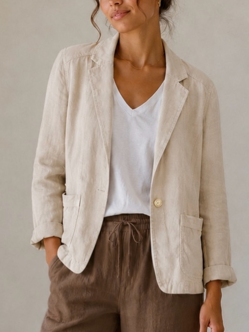 Caslon 100% Linen Blazer Medium Ivory Natural Lightweight Jacket Button Front
